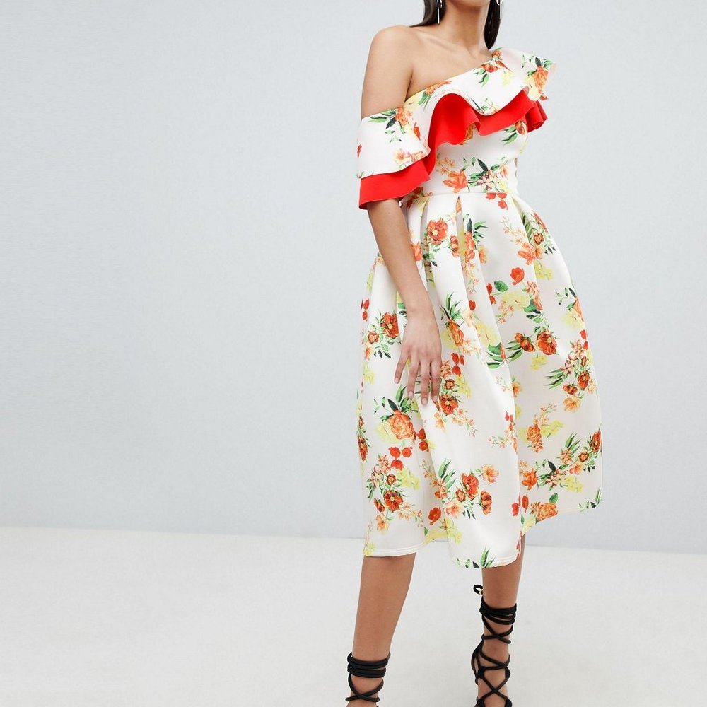 NEW True Violet Frill One Shoulder Midi Dress sz 4